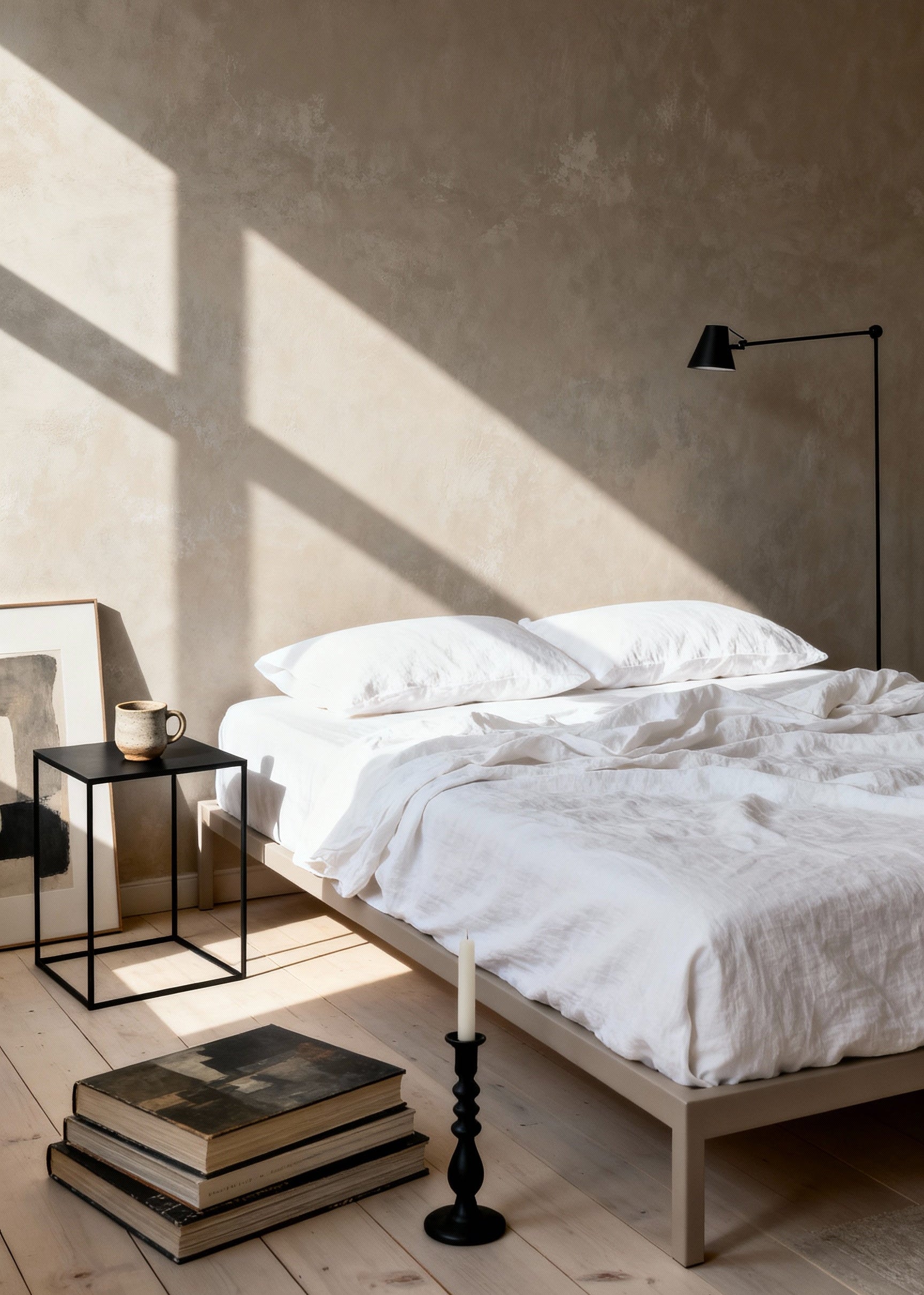 Modern bedroom with a bed, nightstands, and a lamp against a neutral wall.