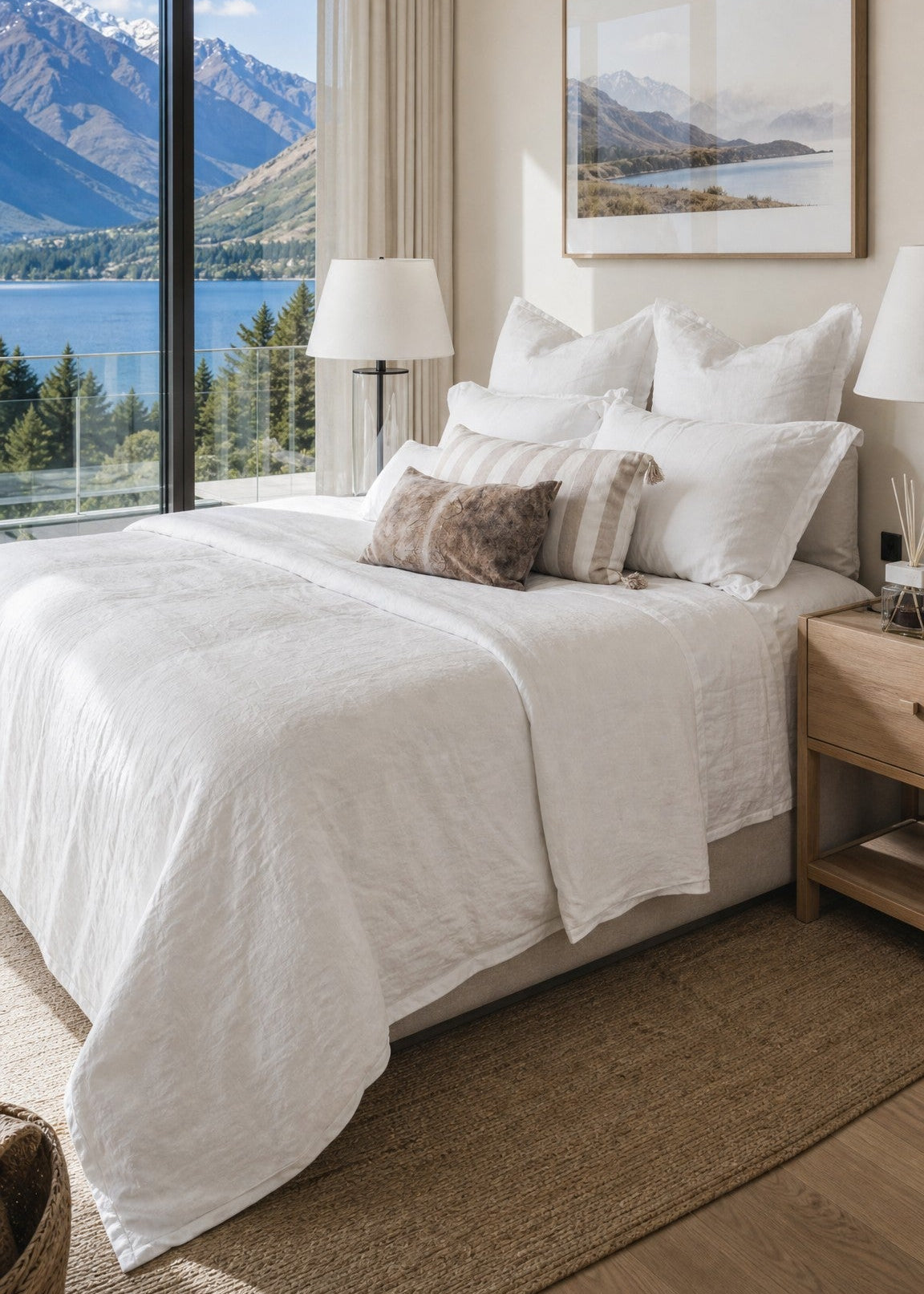 A neatly made bed with white bedding and decorative pillows in a bright bedroom, featuring a large window with a scenic mountain and lake view, a wooden nightstand, and a framed landscape print on the wall.