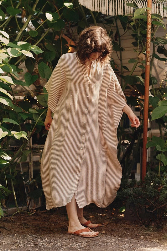 Linen Beach Dress - Bronze & White Stripe