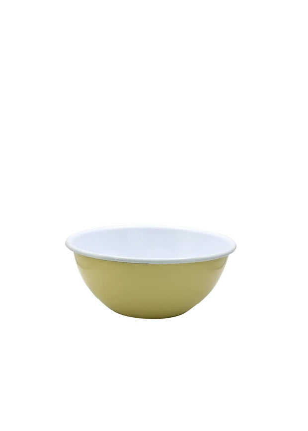 Yellow mixing bowl with white interior on a white background
