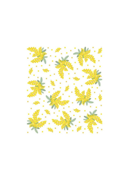 A dish cloth with a floral pattern featuring mimosa flowers in yellow and green on a white background.