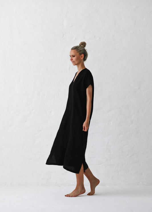 V Neck Linen Dress | Black