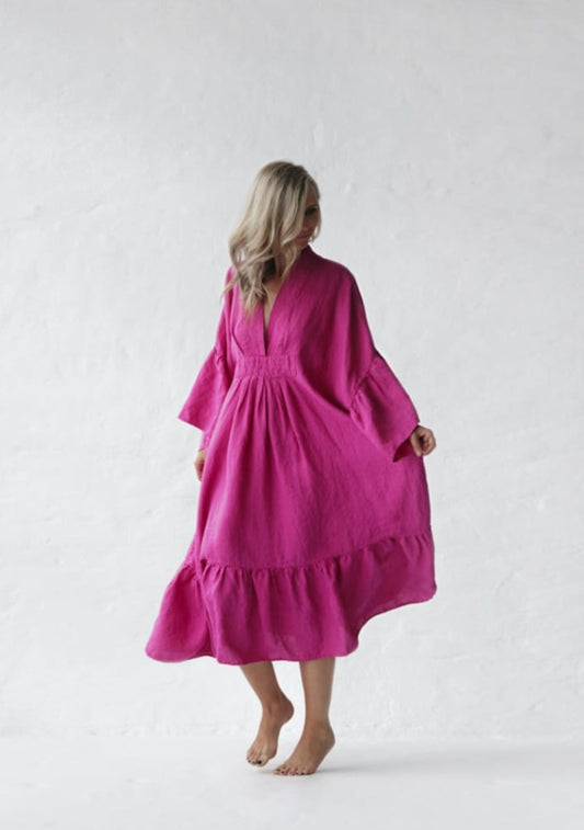 Ruffles Linen Dress | Neon Pink