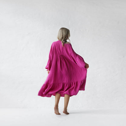 Ruffles Linen Dress | Neon Pink