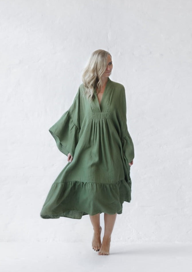 Ruffles Linen Dress | Khaki