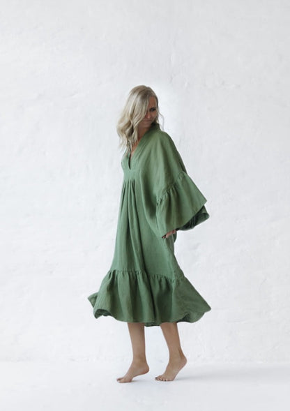 Ruffles Linen Dress | Khaki