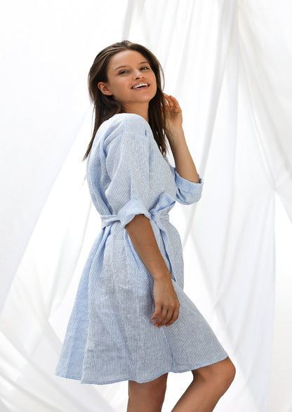 Round Neck Linen Dress | Blue & White Stripes