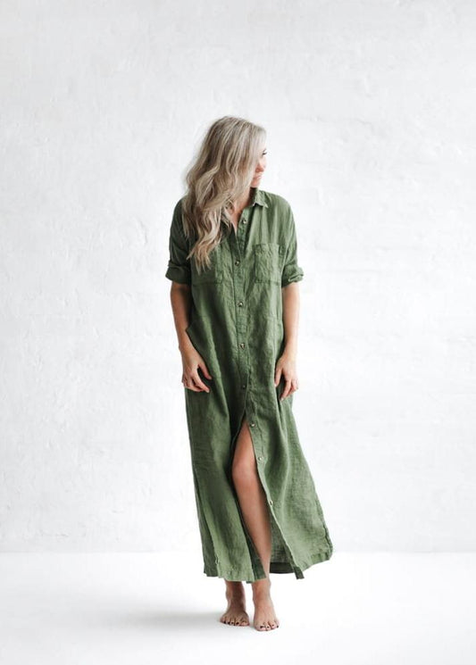 Long Linen shirt dress | Olive