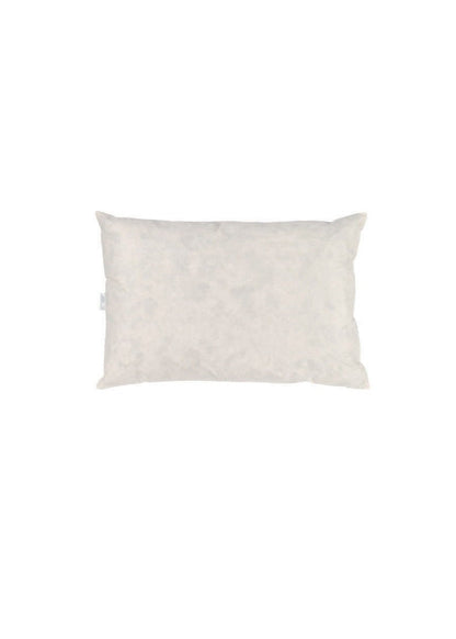 A rectangular feather filled cushion inner against a white background.