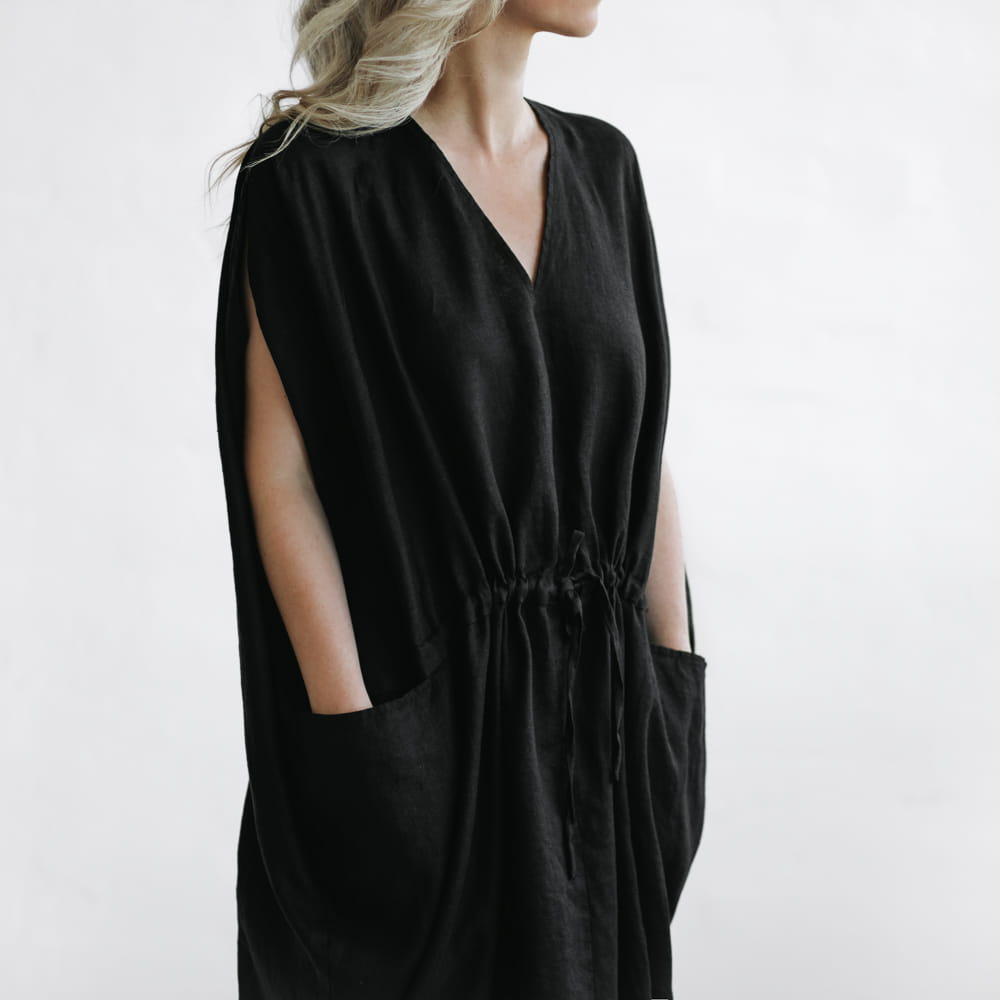 Drawstring Linen Dress | Black