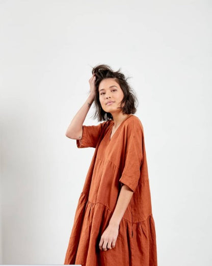 Tiered Linen Dress | Rust