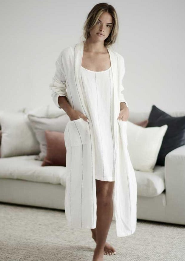 Linen Robe  | Charcoal Stripe