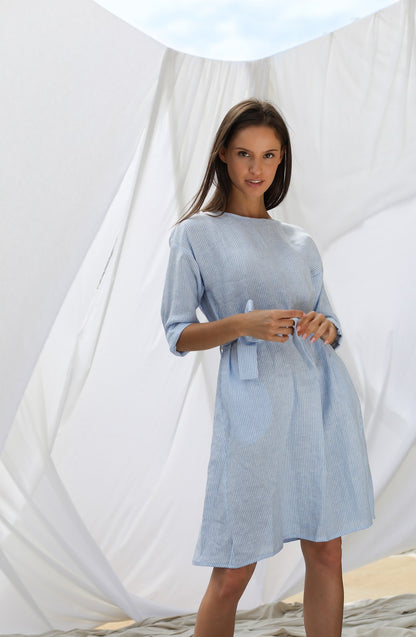 Round Neck Linen Dress | Blue & White Stripes