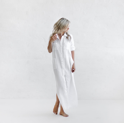 Long Linen shirt dress | White