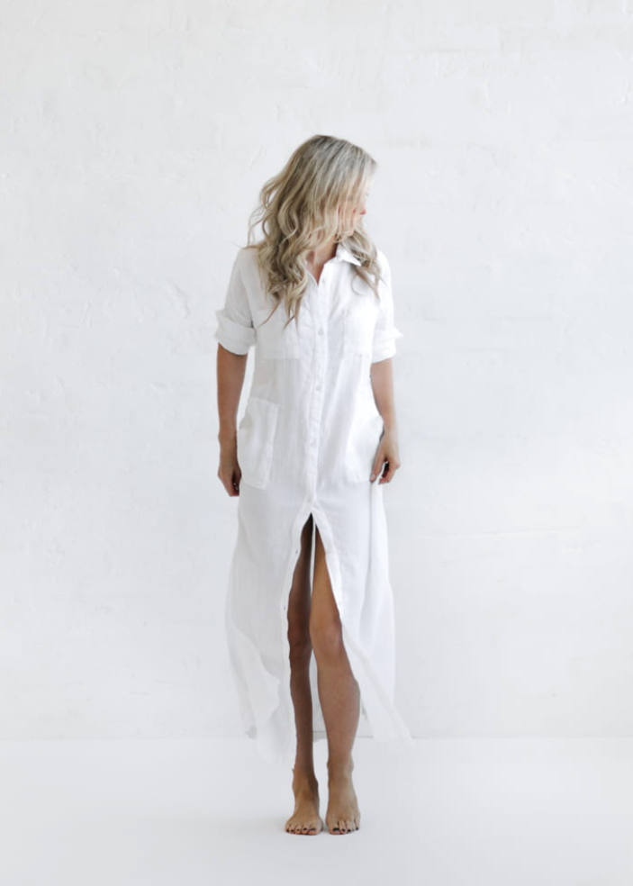 Long Linen shirt dress | White