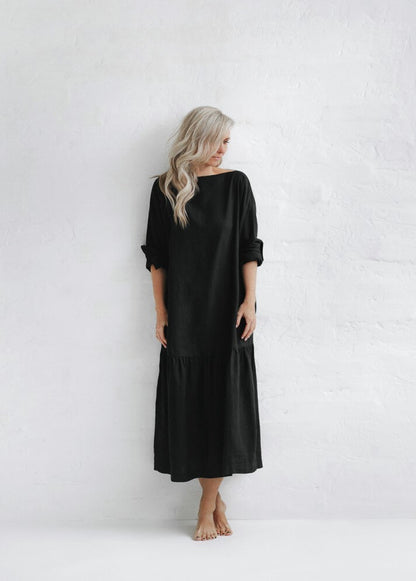 Linen Drop Waist Dress | Black