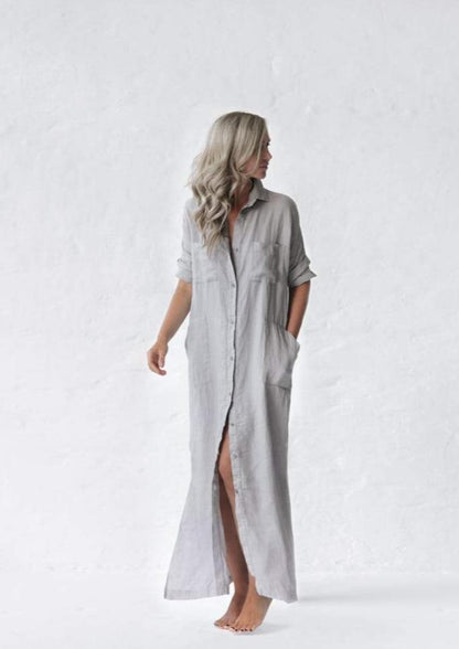 Long Linen shirt dress | Light Grey