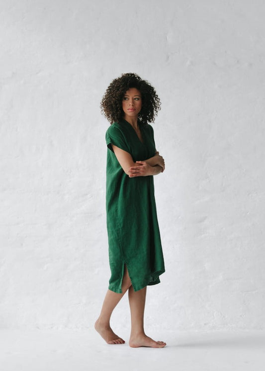 V Neck Linen Dress | Green