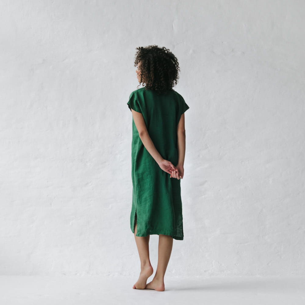 V Neck Linen Dress | Green