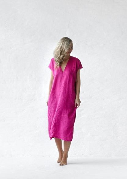 Linen V neck dress | Neon Pink