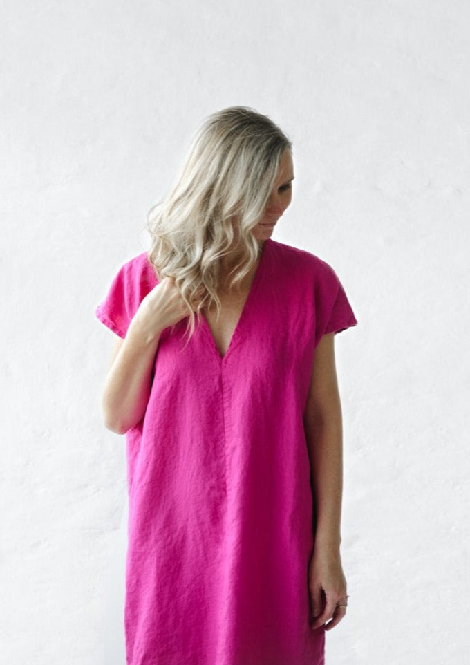 Linen V neck dress | Neon Pink