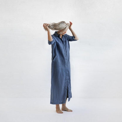 Long Linen shirt dress | Denim Blue