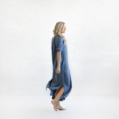 Long Linen shirt dress | Denim Blue