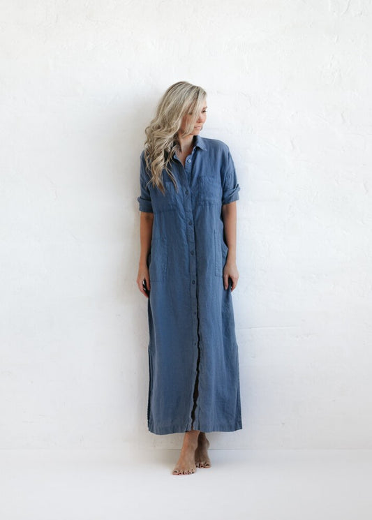 Long Linen shirt dress | Denim Blue
