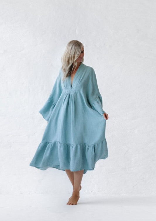 Ruffles Linen Dress | Sea Blue