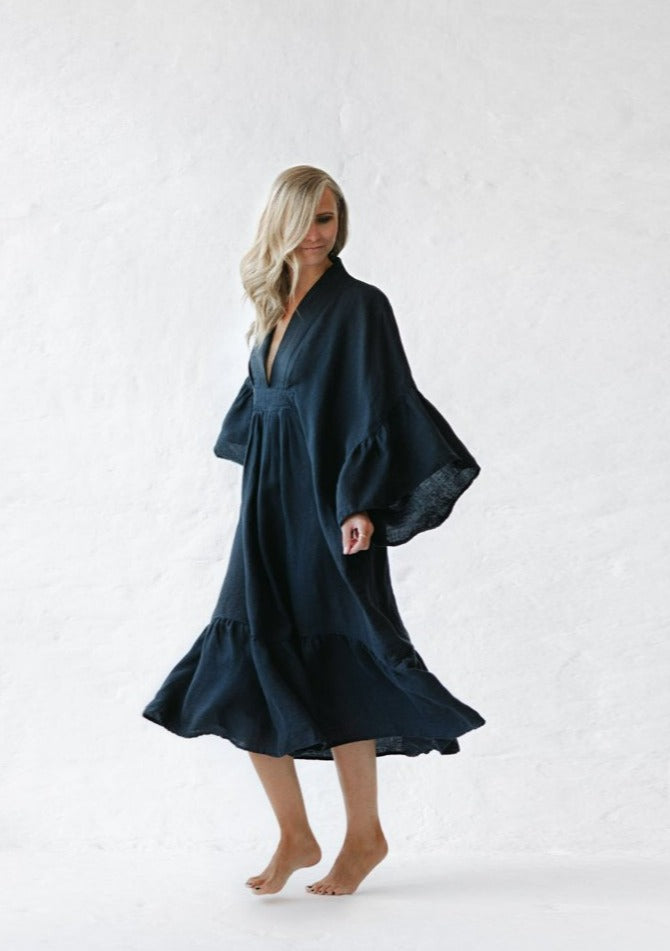 Ruffles Linen Dress | Navy