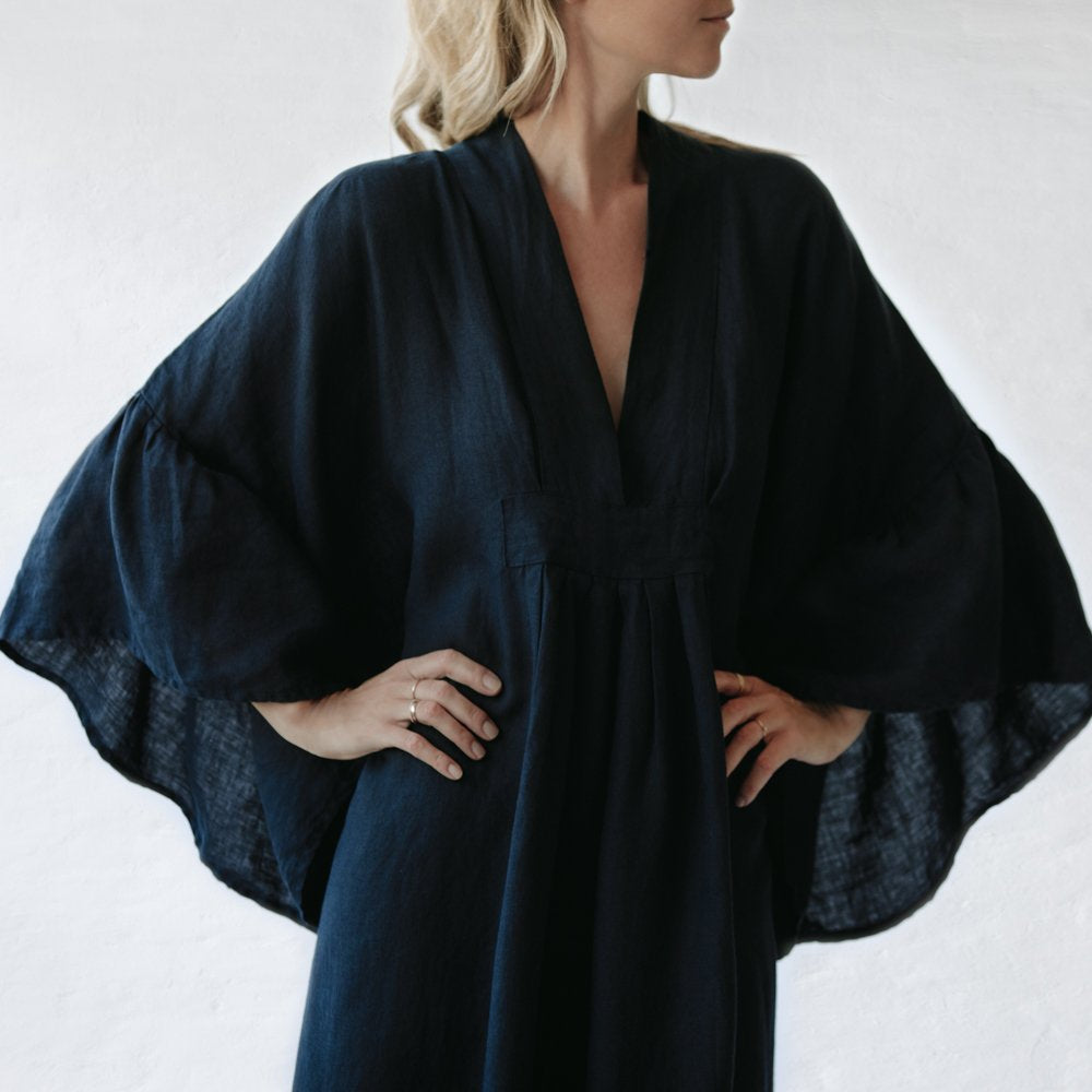 Ruffles Linen Dress | Navy