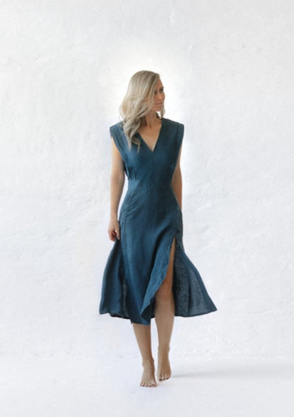 Star Linen Dress | Teal Blue