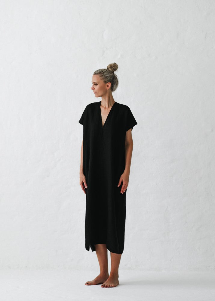 V Neck Linen Dress | Black