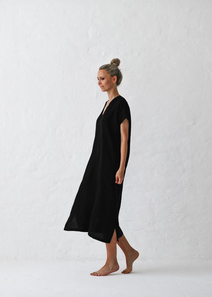 V Neck Linen Dress | Black The Foxes Den V Neck Linen Dress | Black The Foxes Den