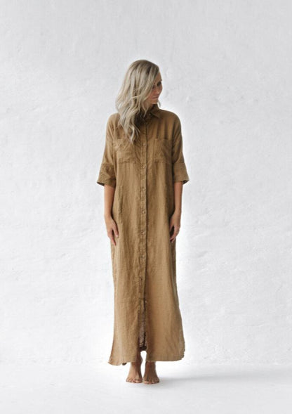 Long Linen shirt dress | Beige