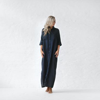 Long Linen shirt dress | Navy