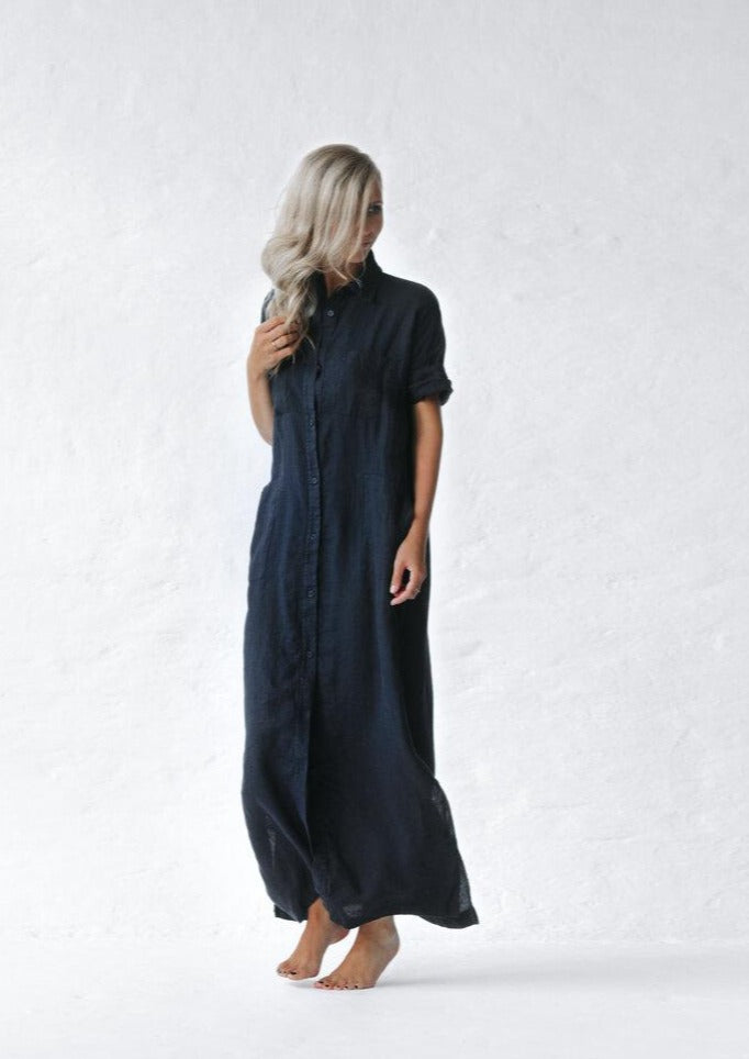 Long Linen shirt dress | Navy