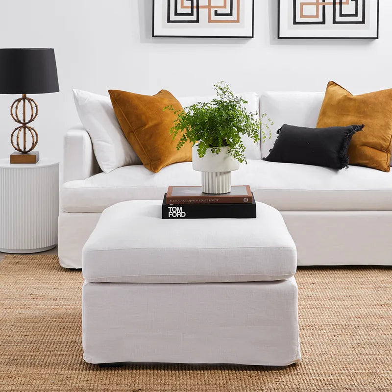 Linen Slip Cover Ottoman | Off White