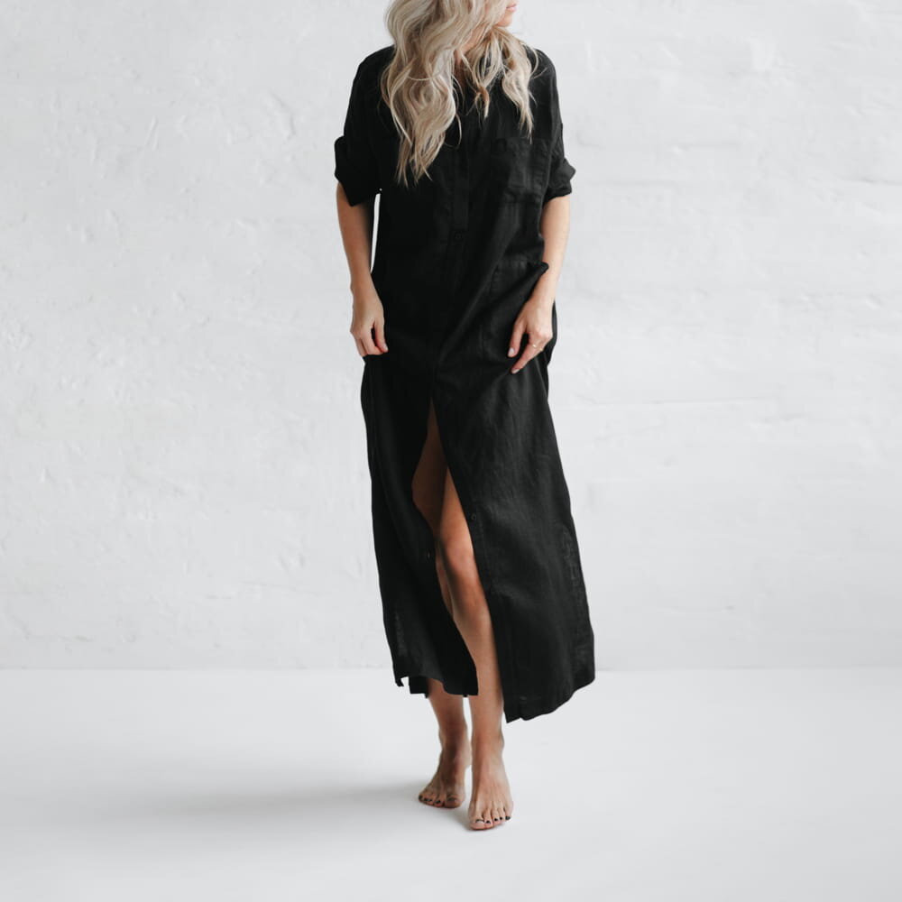 Long Linen shirt dress | Black