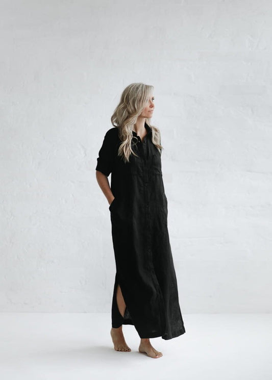 Long Linen shirt dress | Black