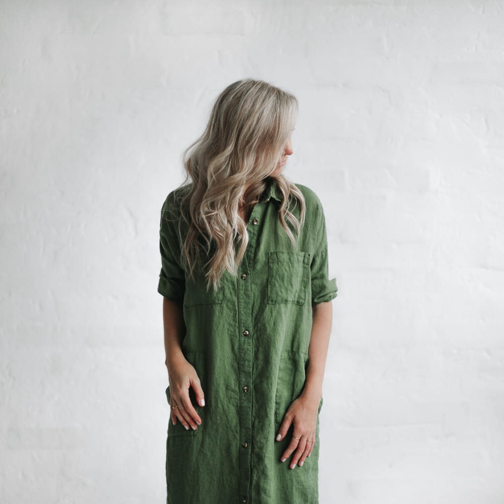 Long Linen shirt dress | Olive