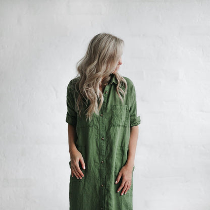 Long Linen shirt dress | Olive