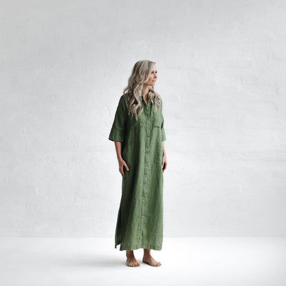 Long Linen shirt dress | Olive